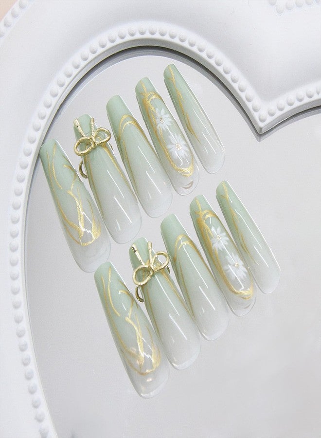 SINHOT Coffin Press on Nails Long - Halcyon Green Fake Nails Glossy Glue on Nails Gold Line Bowknot Acrylic Nail White Flower Ballerina Artificial Nail Stick on False Nail with Design 24pcs - Image 5
